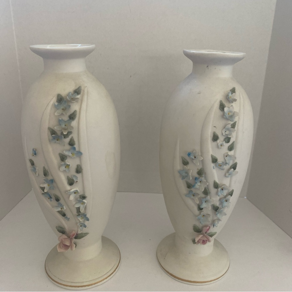 Pair of Lefton White Vases with Blue and Pink Floral Design